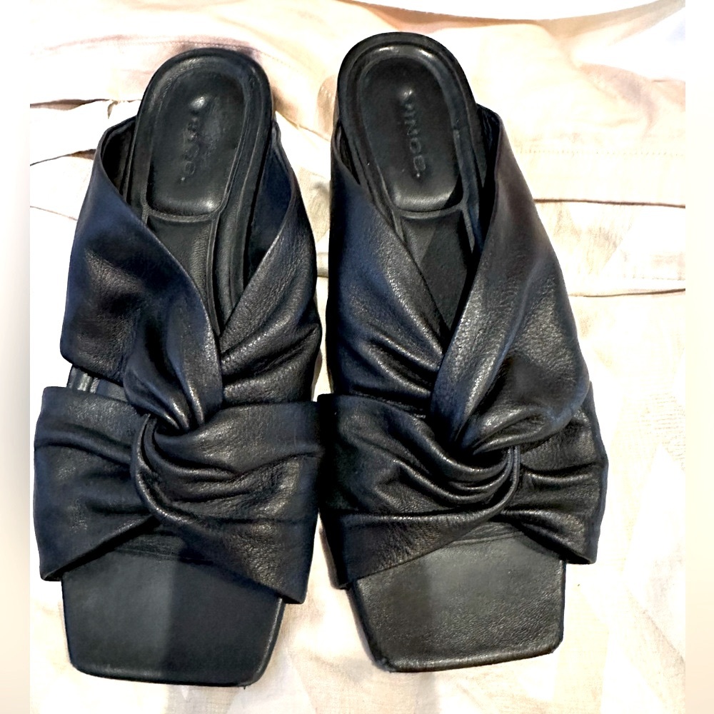 Vince Black Leather Knot Slide Sandals